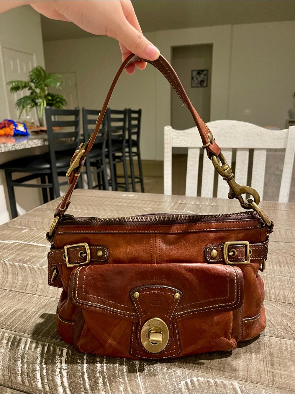 Coach Brown Leather Shoulder Bag with Brass Hardware
